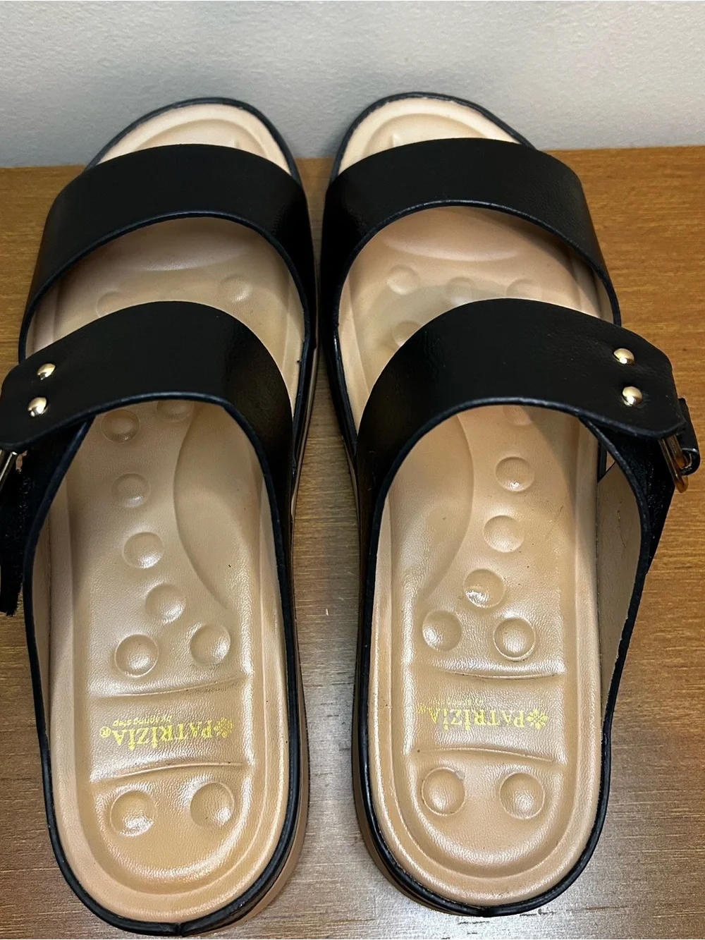 Black Slide Sandals with Gold Ring Accent